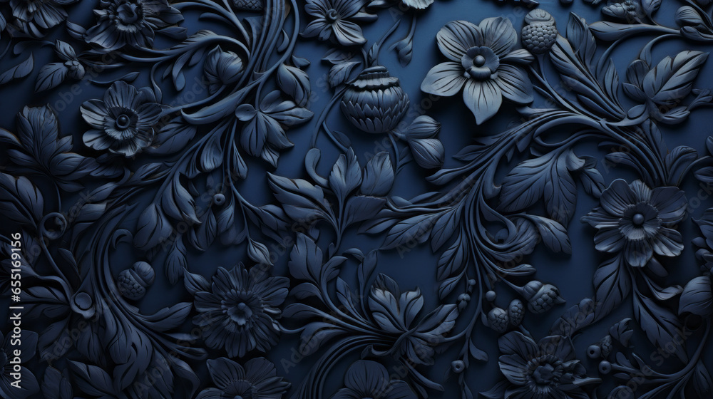 A deep blue frame with a scrolling pattern and a glossy finish A deep blue frame with a scrolling pattern and a glossy finish