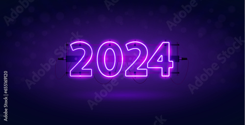 Glowing Neon 2024 on Dark Purple Background. Vector clipart for your holiday projects.