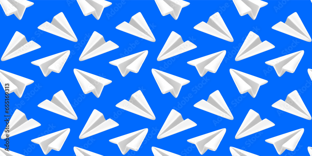 Vector seamless pattern with paper air plane on blue background. 3d style design of air plane Vector seamless pattern with paper air plane on blue background. 3d style design of air plane