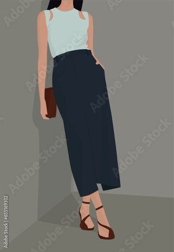 Vector flat illustration of a girl with dark hair. A lady in a T-shirt, skirt, sandals and with a bag. Design for avatars, posters, backgrounds, templates, banners, textiles, cards.