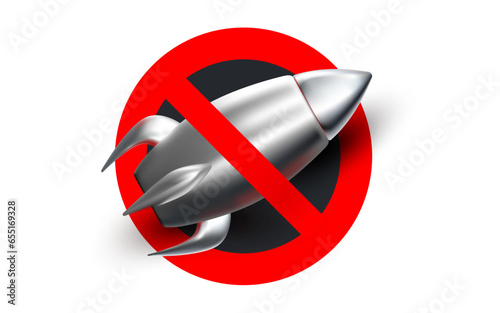 Vector illustration of banned gray metallic space ship with red circle on white color background. 3d style design of crossed business startup symbol