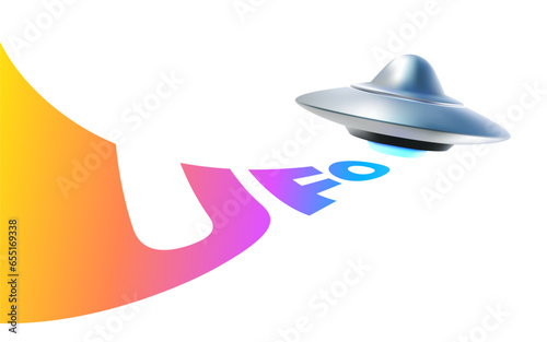 Vector illustration of silver color flying saucer with blue glow and rainbow color word ufo on white background. 3d style design of ufo with lighting and text