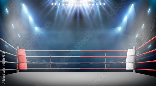 boxing ring with illumination by spotlights.  photo