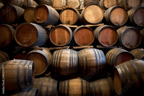 Vintage wine barrels in storage. Generative AI