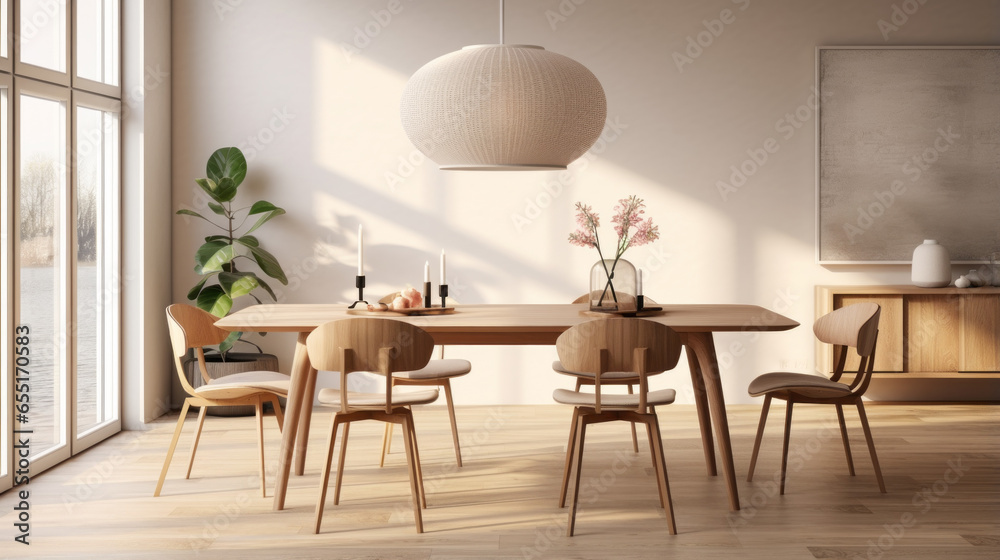 A dining room with a Scandinavian dining table A dining room with a Scandinavian dining table