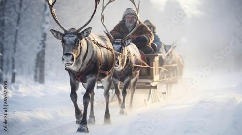 A man controls a team of reindeer