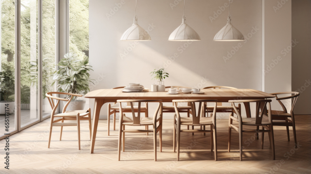 A dining room furnished with a Scandinavian dining table - obrazy, fototapety, plakaty 