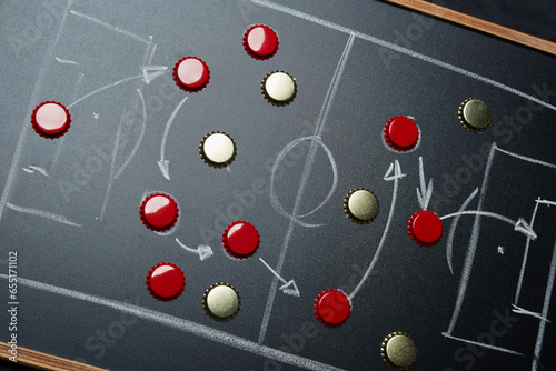 Football soccer game play tactic strategy scheme plan draft formation made of golden and red beer bottle caps and chalk drawn on a chalkboard