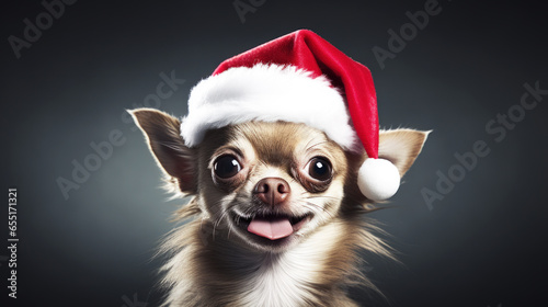Cute dog chihuahua wearing santa claus hat isolated on white background. Christmas background with copy space.