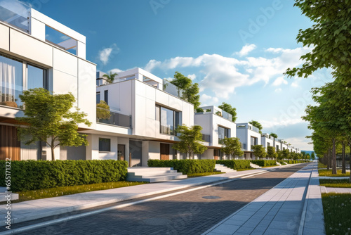 modern private white townhouses in background of beautiful view. Real estate concept for moving and purchasing.