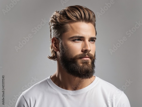Stylish Man with Fresh Hair, Beard, and Strong Jawline,Handsome Man with Stylish Hair, Beard, and Strong Jawline,Trendy Male Model: Fresh Hair and Beard on Isolated White