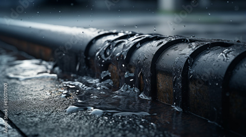 A drainpipe overflowing from the rain, its water spilling onto the pavement photo