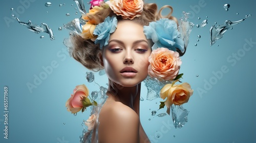 Beautiful young woman with flowers and cosmetics. Concept on the theme of beauty