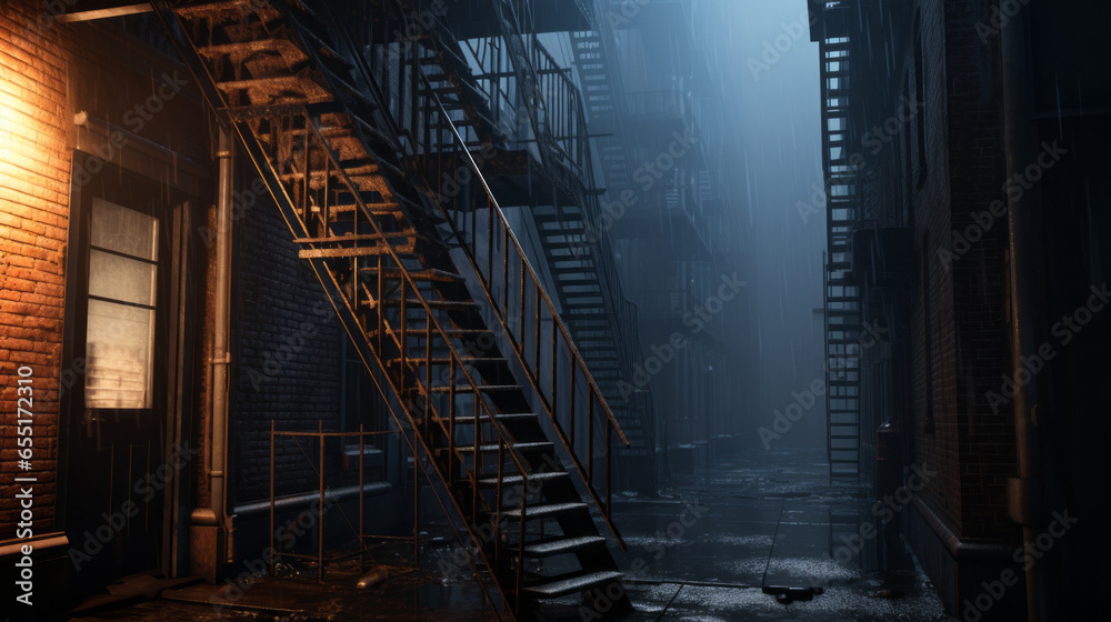 A fire escape covered in a thin layer of rain, its metal frame beginning to rust A fire escape covered in a thin layer of rain, its metal frame beginning to rust