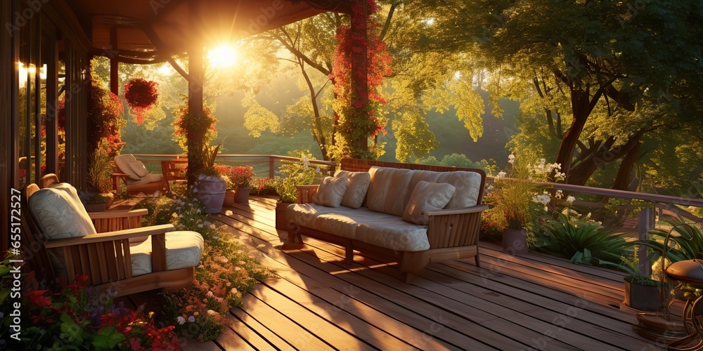 AI Generated. AI Generative. Outdoor nature exterior home house hotel architecture garden with cozy sofa and table. Many plants and flowers at sunset time. Graphic Art
