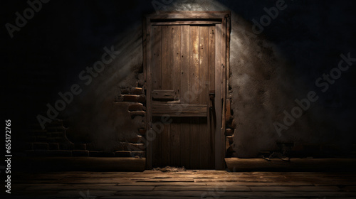 A forgotten door sits in the shadows, its weathered wood barely illuminated by a soft glimmer of moonlight photo