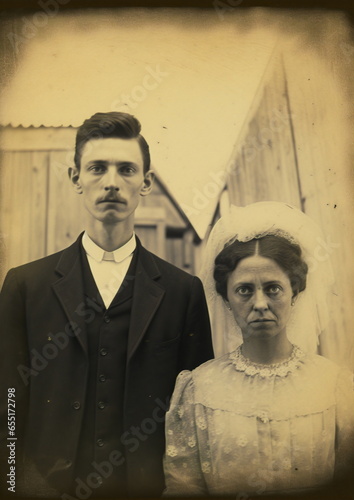serious, stern vintage wedding portrait photo of bride and groom in tintype  photo