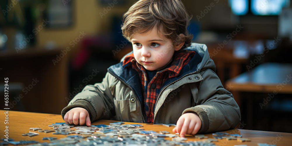 Engaging image of a puzzled kindergarten child focused on solving an educational game. - obrazy, fototapety, plakaty 