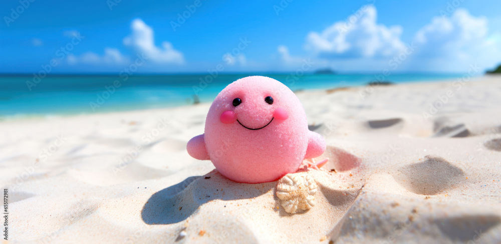 Small funny smiling round snowman on a white sandy beach by the ocean. Picturesque island, palm trees, blue sky and horizon. Happy New Year and merry Christmas