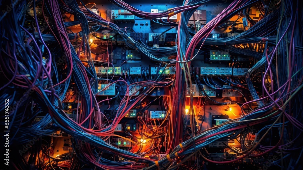 Close-up of computer circuitry with intricate wiring, LED indicators, and dark, muted colors. Spotlighting highlights the vibrant hues. A technical and mysterious stock image representing computer te Close-up of computer circuitry with intricate wiring, LED indicators, and dark, muted colors. Spotlighting highlights the vibrant hues. A technical and mysterious stock image representing computer te