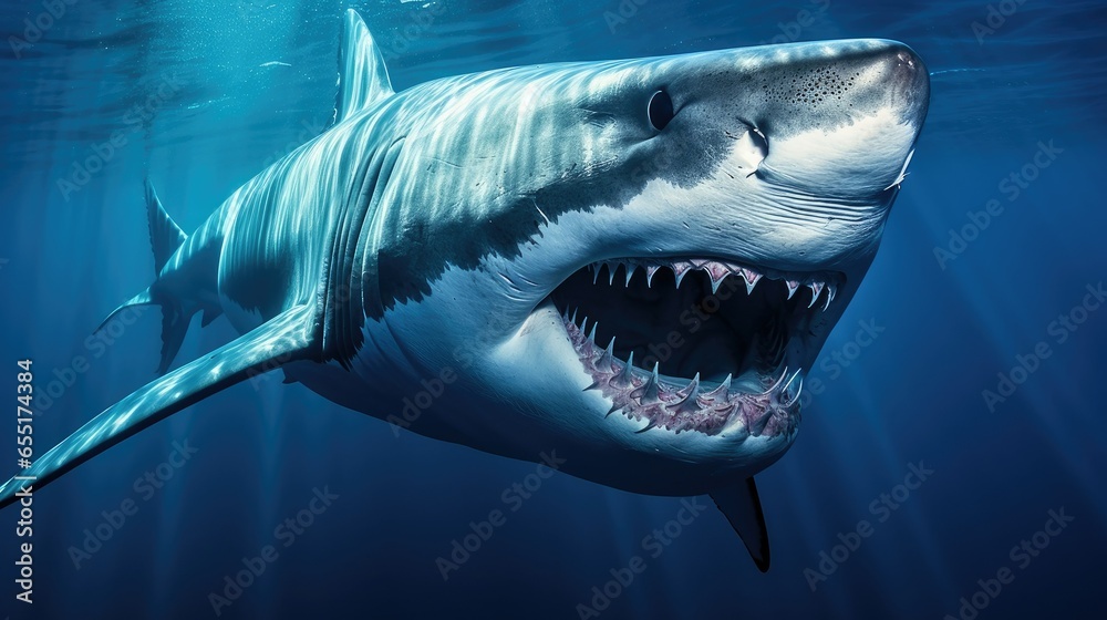 Majestic great white shark swimming in the deep blue ocean, captured with a Nikon D850 and 70-200mm lens. Powerful predator in ambient sunlight, showcasing its sleek body. Awe-inspiring wildlife phot