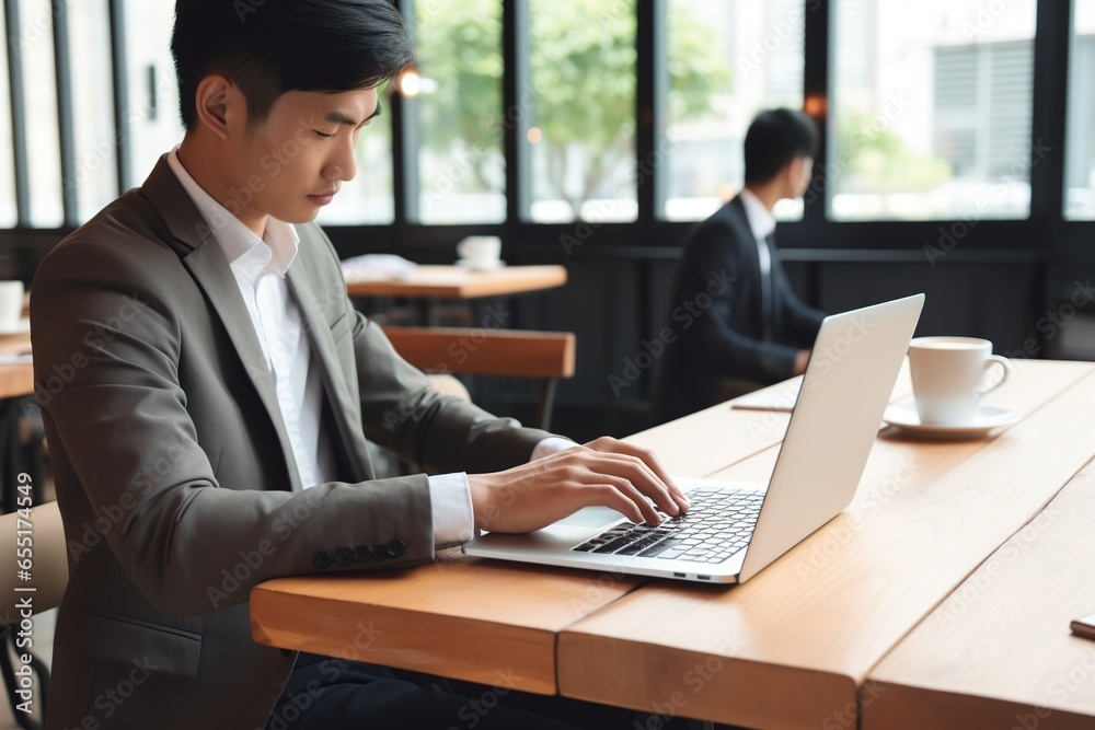 Asian businessman using laptop. AI Generated. Asian businessman using laptop. AI Generated.