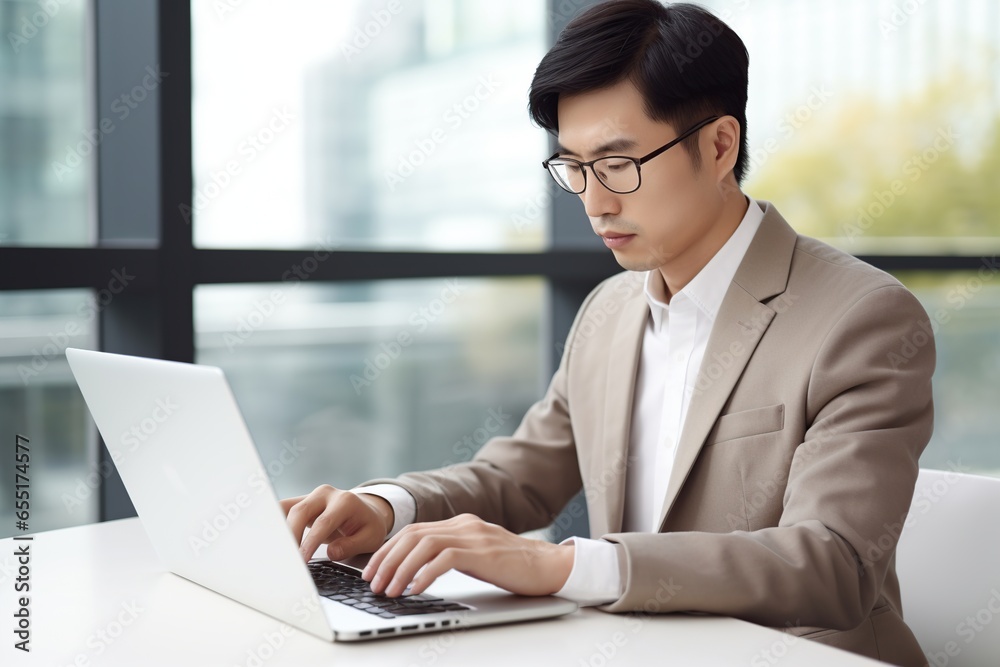 Asian businessman using laptop. AI Generated. Asian businessman using laptop. AI Generated.
