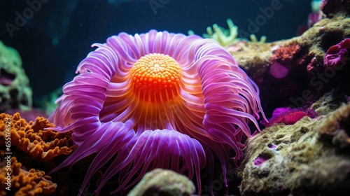 Close-up shot of a vibrant sea anemone with clownfish, illuminated by soft rays of sunlight. The intricate details of this underwater world showcase the beauty and diversity of marine life. © Aidas