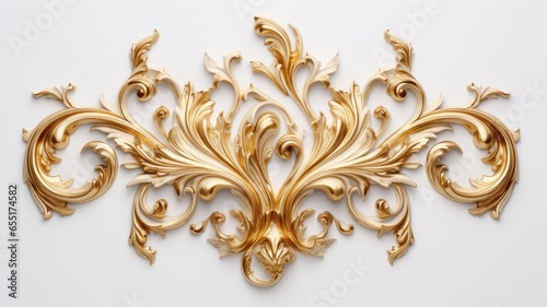 a rich golden baroque ornament delicately engraved on a pristine white background. The intricate details and lavish curves of the design exude opulence and sophistication.