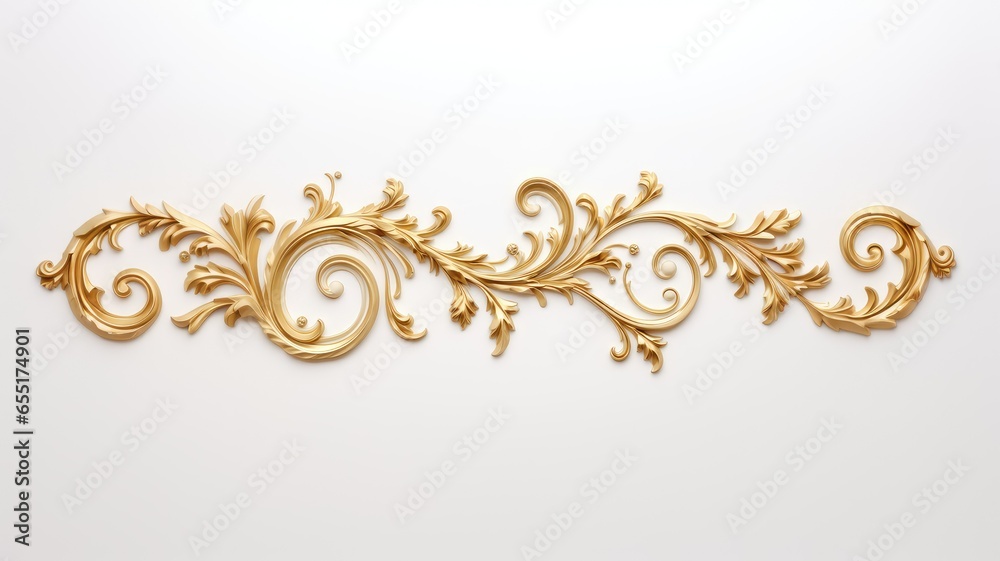 a rich golden baroque ornament delicately engraved on a pristine white background. The intricate details and lavish curves of the design exude opulence and sophistication. - obrazy, fototapety, plakaty 