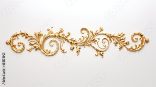 a rich golden baroque ornament delicately engraved on a pristine white background. The intricate details and lavish curves of the design exude opulence and sophistication. photo