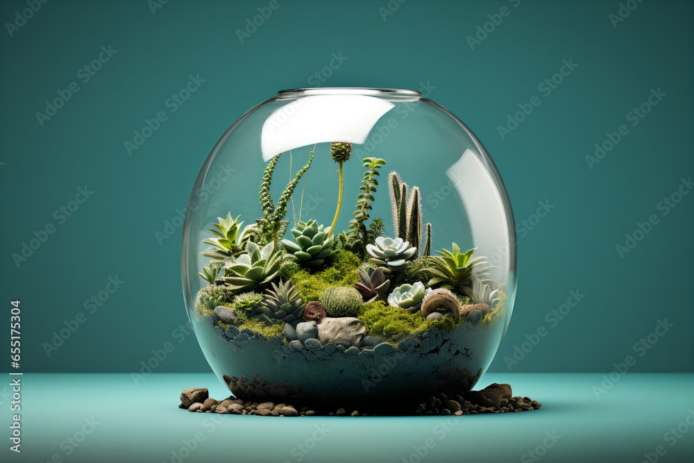 plant terrarium in glass round jar bowl isolated on plain green studio background