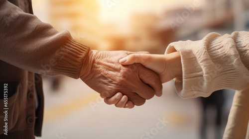 close up of two hands shaking hands.caring for the elderly, close - up of young and elderly people holding hands 