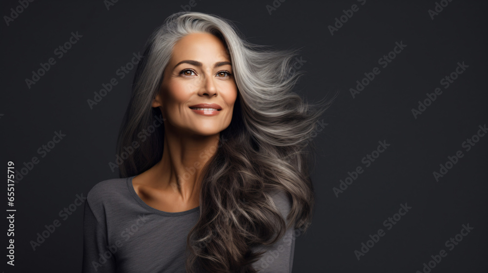 Beautiful woman with smooth healthy face skin. Gorgeous aging mature confident woman with long gray hair and happy smiling. Beauty and cosmetics skincare advertising concept. - obrazy, fototapety, plakaty 