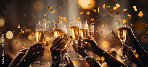 Photo of people celebrating with champagne toasts created with Generative AI technology photo