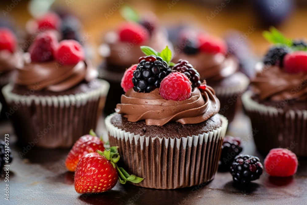 Decadent chocolate cupcakes adorned with luscious berries. Generative AI