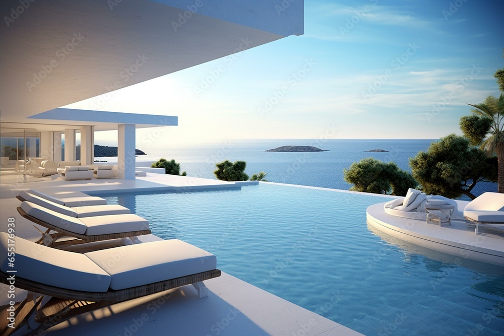 Stunning sea-view pool in contemporary white coastal residence - digitally rendered. Generative AI