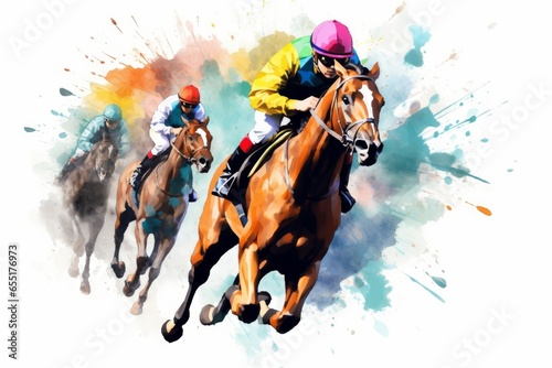 Abstract racing horse with jockey from splash of watercolors on white background. Illustration of paints. Generative AI  photo