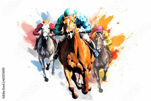 Abstract racing horse with jockey from splash of watercolors on white background. Illustration of paints. Generative AI 