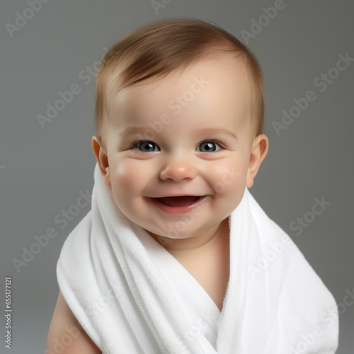 Cute little smiling american infant baby boy sitting wearing white towel
