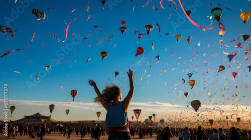 Colorful outdoor escapade: People having fun during a hot air balloon festival.