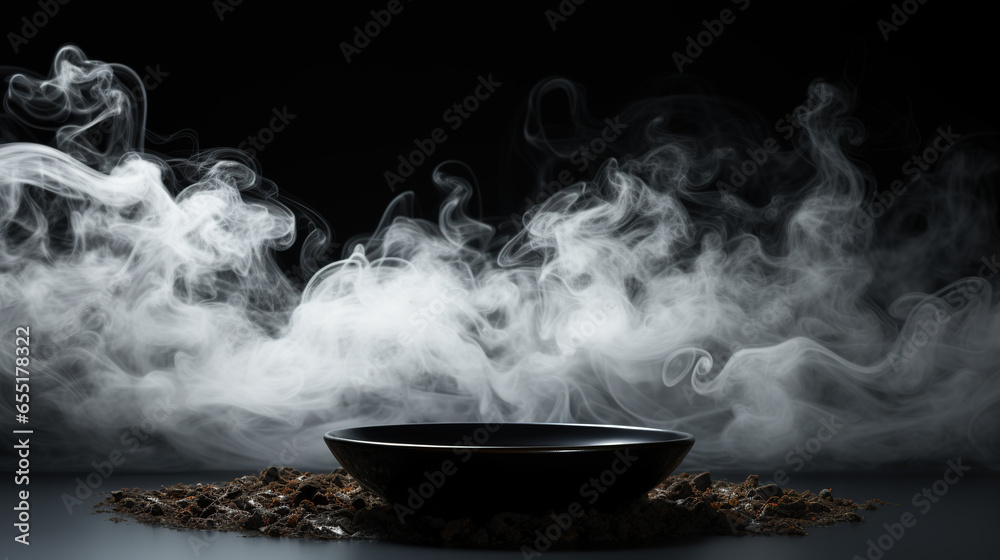 empty black food plate on black background with smoky environment empty black food plate on black background with smoky environment