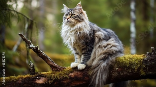 an elegant Norwegian Forest Cat perched on a branch