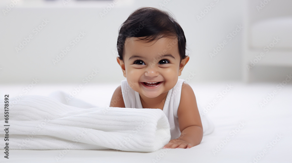 Cute little smiling iindian infant baby boy sitting wearing white towel Cute little smiling iindian infant baby boy sitting wearing white towel