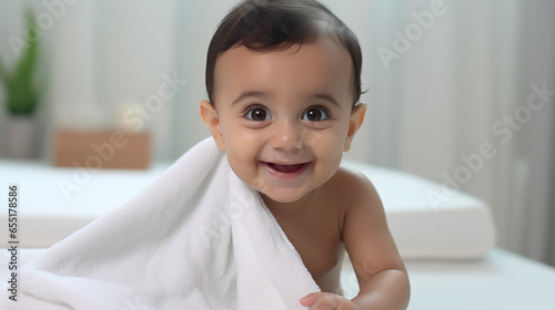 Cute little smiling iindian infant baby boy sitting wearing white towel photo