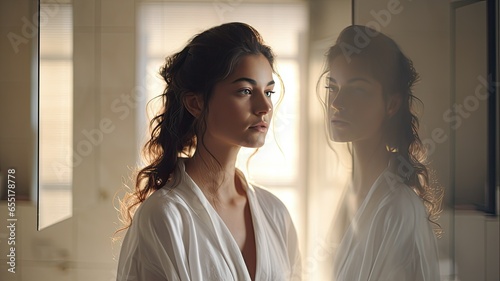a young lady in a white silk robe, standing by the mirror, and gently combing her thick, beautiful hair. Her reflection in the modern, minimalist bathroom enhances the serene atmosphere.