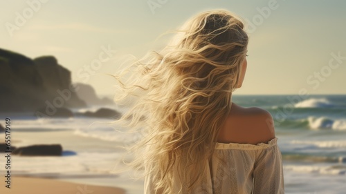 wavy blonde hair, gracefully flowing in the wind, capturing the essence of carefree beauty. © lililia