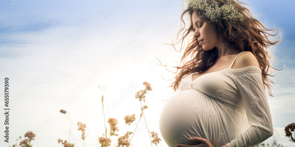 Radiant pregnant woman caressing belly while standing alone in blooming meadow. - obrazy, fototapety, plakaty 