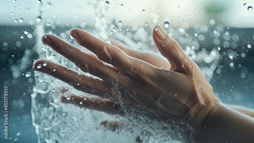 A close-up shot of a person s hands lathering up with soap under a stream of water in a sleek  modern bathroom  emphasizing the importance of proper hand hygiene.