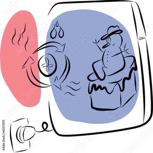 Illustration of the internal mechanism of fridge, showing temperature variances and heat energy circulation with a funny figure inside
